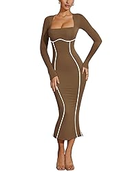 Lrady Women's Sexy Square Neck Bodycon Midi Dresses