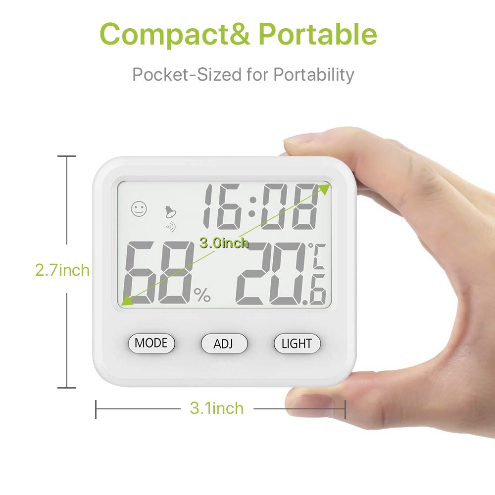 Waykar Digital Hygrometer Indoor Thermometer with Backlight for Dehumidifier, Humidity Gauge Meter Room Thermometer with Time, Date, Alarm Clock Function, Temperature and Humidity Monitor for Home