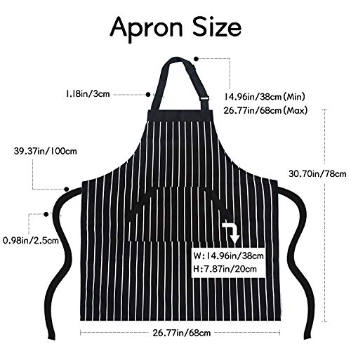 SHARLOVY Bib Aprons for Women with Pockets,Chef Aprons for Men Black White Striped Kitchen Cook Apron Plus Size Bulk,Long Tie Adjustable Neck Apron 2 Pack