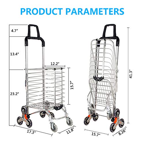 Upgraded Folding Shopping Cart Portable Grocery Stair Climbing Cart with Tri-Wheels, Swivel Handle, Wheel Bearings & Removable Basket, Perfect for Mom Christmas Gifts - Thumbnail 3