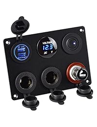 Cllena   Cargador USB dual de 2,1 A y 2,1 A + voltímetro LED + toma de alimentación de 12 V + interruptor de botón ON OFF, panel de cuatro agujeros para coche, barco, camión, motocicleta, RV, ATV, vehículos, GPS, cámara de teléfono móvil, Mp3 (azul)
