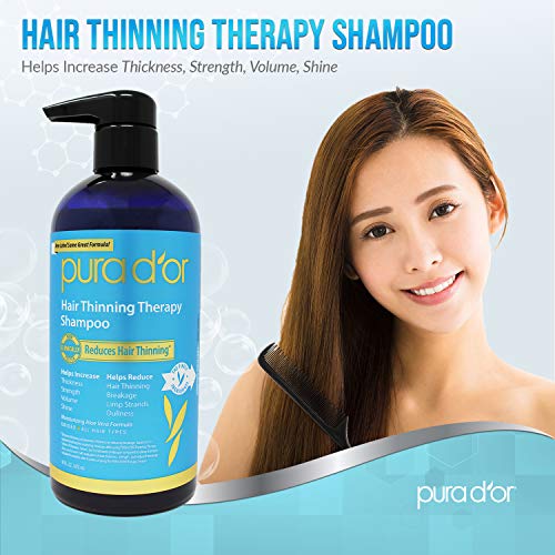 PURA D'OR Hair Thinning Therapy Shampoo for Prevention, Infused with Argan Oil, Biotin & Natural Ingredients, Sulfate Free, All Hair Types, Men and Women, 16 Fl Oz (Packaging may vary)
