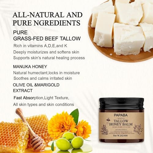 Bálsamo de miel de sebo batido con sebo de res alimentado con pasto, miel de Manuka, aceite de oliva Beef Tallow Honey Balm for Skin 2 oz