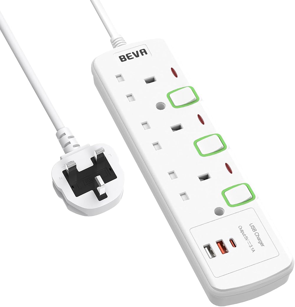 BEVA Extension Lead with USB Ports 3 Way 2x USB-A 1x USB-C 1.5M Cable
