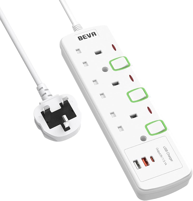 BEVA Extension Lead with USB Ports 3 Way 2x USB-A 1x USB-C 1.5M Cable