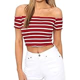 Women Shirts Fashion Sexy Casual Off Shoulder Stripe Short Sleeve Blouse Tunic Teen Girls Sweatshirt Pullover Tops On Sale