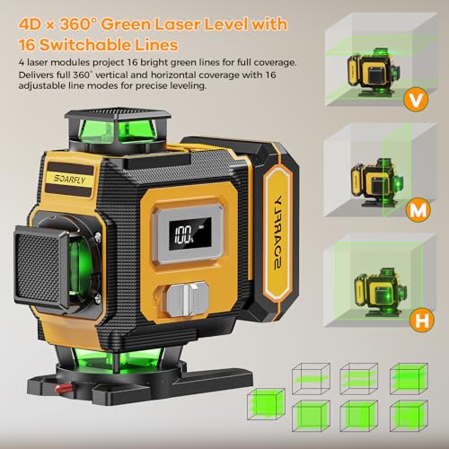 SOARFLY Laser Level with Tripod, 4x360° Self-Leveling Green Beam 4D Laser Level, Dual 4000mAh Lithium Batteries, Laser Level kit for Tile Installation, Framing, Picture Hanging & Home Renovation