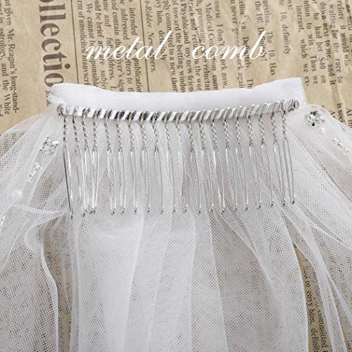 Barogirl Wedding Veil White with Rhinestones 1 Tier Beaded Edge Bridal Veil Fingertip Length with Comb for Brides