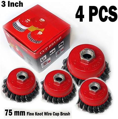 4 PCS , 3 Inch Knotted Wire Cup Brush for Angle Grinders with 5/8 Inch-11 UNC Thread Arbor, 0.02" Carbon Steel Wire for Rust,Corrosion,Paint Removal and Other Heavy-Duty Conditioning for Metals…