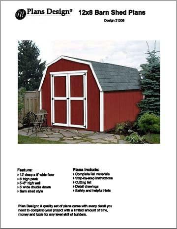 12' X 8' Barn/gambrel Storage Shed Project Plans -Design #31208