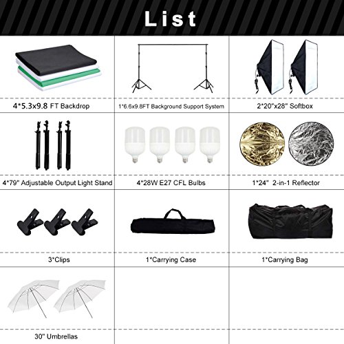 Belle Max Photography Lighting Kit (2 Softbox & 2 Umbrellas) with 4 pcs 28W LED Bulbs, Photo Studio with Adjustable Background Support System with 4 Backdrop(Black/2xWhite/Green), Reflector and bag. - Thumbnail 6