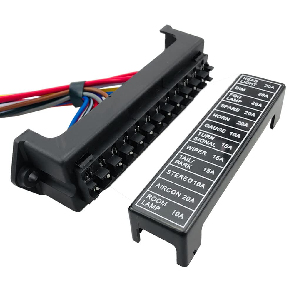 Aiqeer 12-Way Car Fuse Box, 2 Input / 12 Output, Wired Fuse Block with 10pcs Universal Fuses (12V / 24V / 32V / 48V)