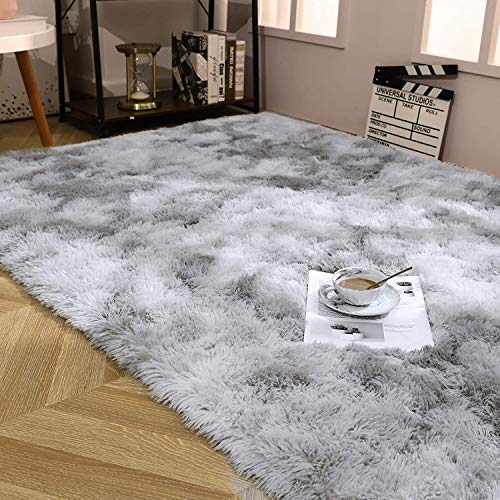ASIinnsy Living Room Rug, Long Hair, Shaggy Modern Room Carpets, Large, Grey, Non-Slip, Soft, for Bedroom, Dining Room, Plush Rug (250 x 300 cm, Grey White)