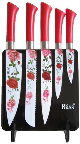 Bella Mia Kitchenware 5-Piece Stainless Steel Knife Set with Acrylic Stand, Red Rose