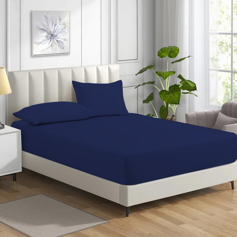 MistyMorning Fitted Sheet, Soft & Premium quality Bedding & Linen, 11''/28cm deep sheet, Egyptian Cotton with 200 Thread Count. (Navy, Super King)