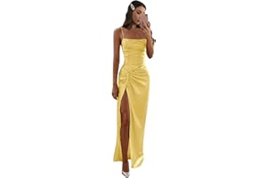 Boey Frek Mermaid Satin Bridesmaid Dresses for Women Wedding Spaghetti Straps Pleated Formal Evening Gown with Slit