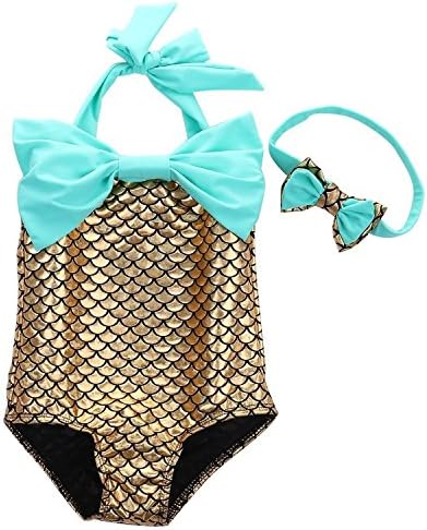 Kprdeo Kids Baby Girls Princess Mermaid Costume Bowknot Swimwear with Headband (2T, Green)