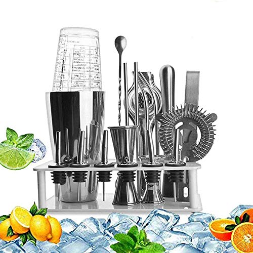 LKNJLL Cocktailshaker Bar-Werkzeug-Satz (14 Stück) gebürstetem Edelstahl Barkeeper Kit, mit All Bar-Zubehör, barsieb…