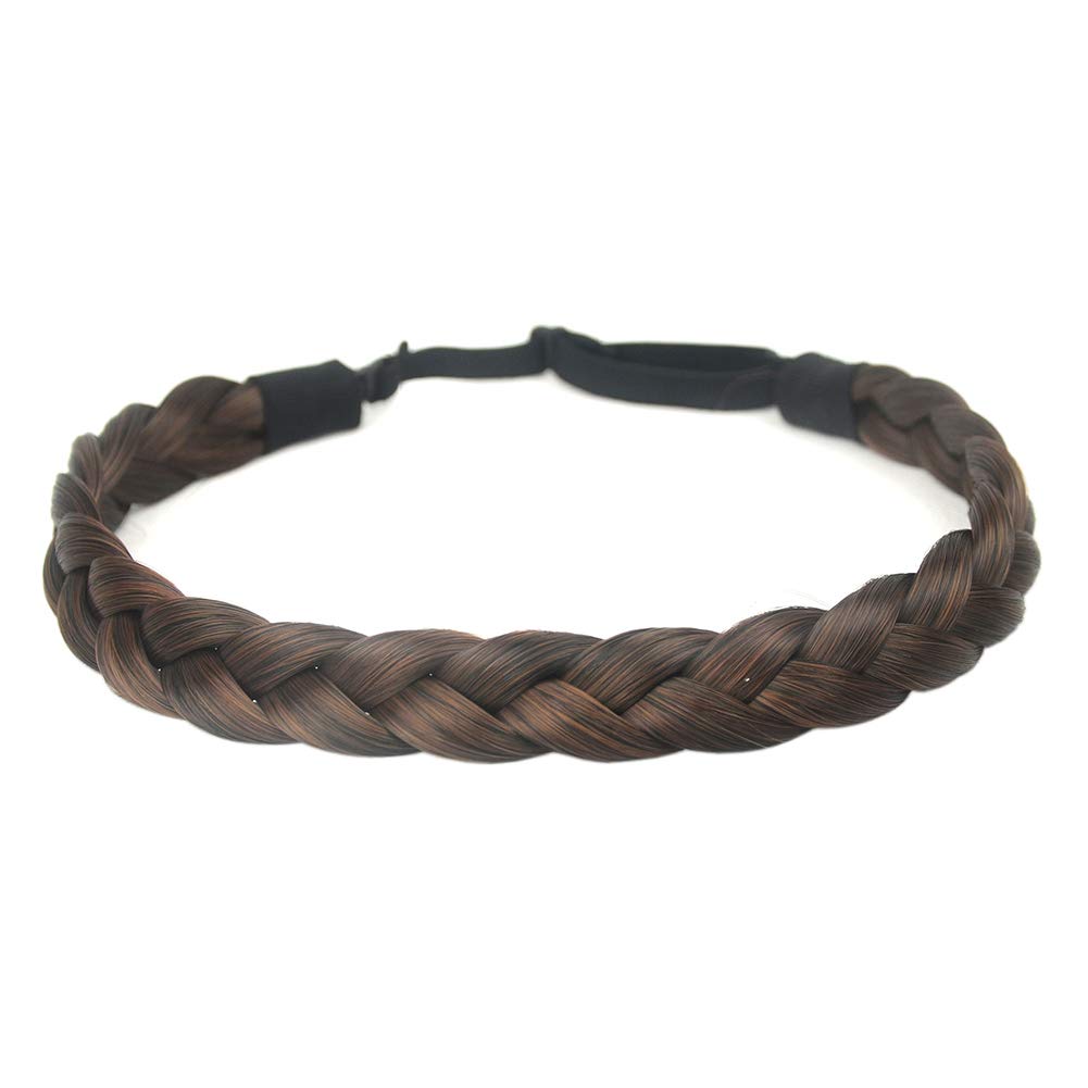 BOBIYA 3 Strands Synthetic Hair Braided Headband Classic Chunky Wide Plaited Braids Elastic Stretch Hairpiece for Women Girl (Copper Brown)