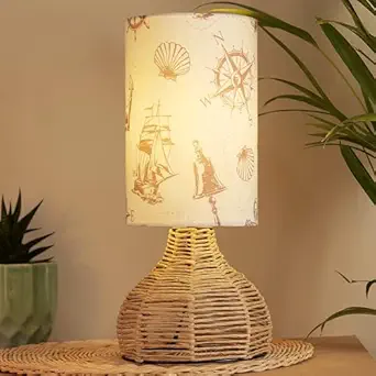 Decazone Elegant Design Small Boho Table Lamp Rustic Paper Rope Rattan Wicker Look Standard Bedside Table Desk Lamp with Pirate Linen Shade