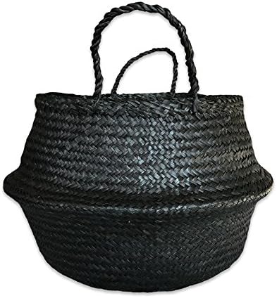 LARGE (17"X14") collapsible seagrass tote belly basket with handles, All Black