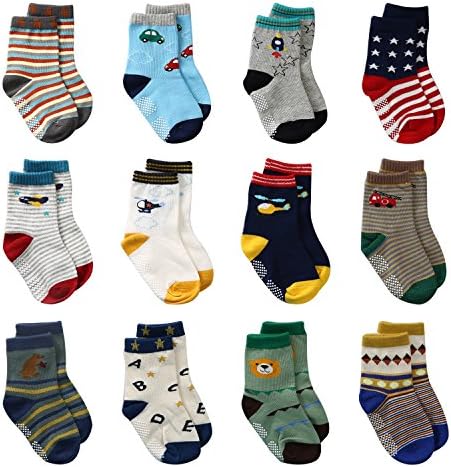 LAISOR 12 Pairs Assorted Non-Skid Ankle Cotton Socks with Grip For Kids Toddlers Baby