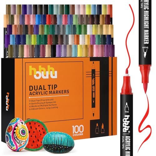 hhhouu Professional Acrylic Markers - Set of 100 Colors, Double Fine & Round Tips - Water-Based Permanent Acrylic Paint for Arts, Crafts and Creative Adult Design HO-AM100