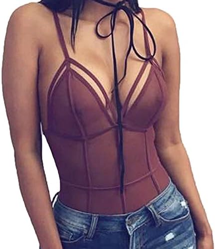 Hengguang Women's Sexy Straps Lingerie Mesh Perspective Bodysuits Burgundy M