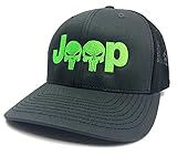 Jeep Logo With Punisher Skull Symbol Embroidered Mesh/Twill Cap (Charcoal/Black/Lime Green)