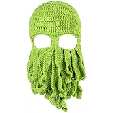 Knitted Octopus Balaclava Beanie, Green Hand-Crafted Winter Hat with Tentacles, Adult Size, for Hiking, Cycling, Outdoor Activities，Beard Octopus Pirate Hats Bearded Caps