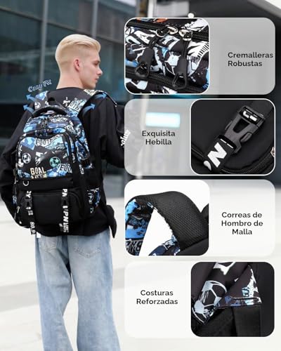 Tanou Teenage Boy Backpack, Football School Backpacks for Kids | 12+ years, Large Backpack for College and High School in Nylon, Black/Blue