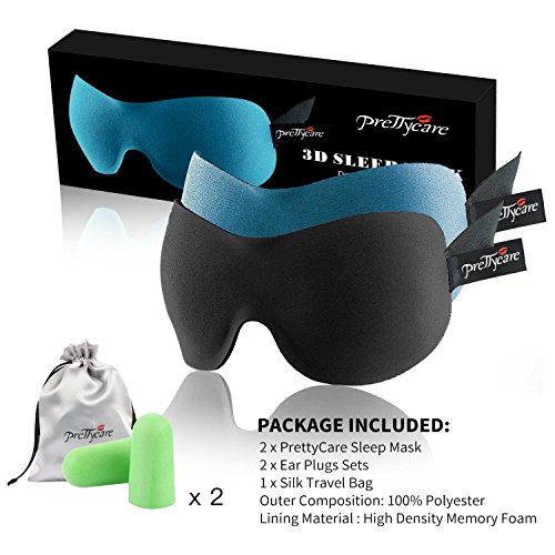 PrettyCare 3D Sleep Mask with 2 Pack Eye Mask for Sleeping - Contoured Eyemask for Airplane with EarPlugs & Yoga Silk Bag for Travel - Best Night Blindfold Eyeshade for Men Women