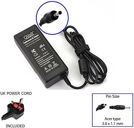 QVolt® Compatible Replacement Charger for Acer Laptop: Swift1 Swift3 Swift5 SF114-31 SF314-51 SF514-51; Spin1 Spin3 Spin5 SP111-31 SP113-31 SP315-51 SP513-51; Switch Alpha 12 12 Fit 12 Pro 12S SA5-271 SW5-171 SW5-271 SW7-272; Switch 11 11V 11V Pro SW5-171 SW5-173; Chromebook C720 C730 C730E C735 C738 C810; Aspire R5-471T R5-571T R7-371T 372T S3-392G S5-371 S7-391 S7-392 S7-393 V3-371 V3-372 R5-571T. Acer Notebook AC Adapter Power Supply PSU | 19V 65W | with Power Cable | 12 Months Warranty.