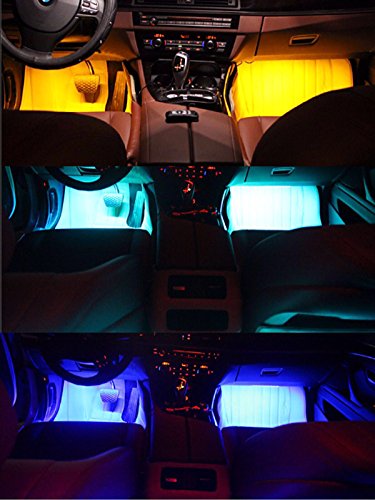 Safe View Car LED Strip Light, 4pcs 48 LED DC 12V Multicolor Music Car Interior Light LED Under Dash Lighting Kit with Sound Active Function and Wireless Remote Control, Car Charger