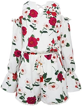 Smukke Big Girls Beautiful Printed Cold Shoulder Romper (with Options), 7-16 (Ivory Multi, 16)