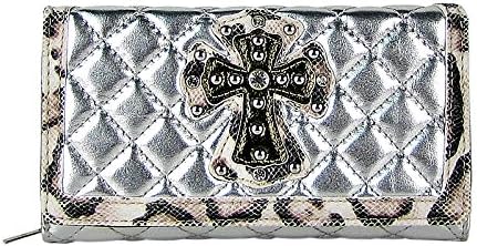 SILVER RHINESTONE CROSS LEOPARD PATTERN SHINY METALLIC LEATHERETTE LOOK CHECKBOOK TRIFOLD WALLET