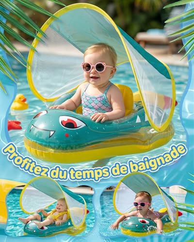 Baby Swim Ring with Sun Shield, Anti-Roll Baby Swimming Pool, Baby Parasol Buoy with Balance Ball, Inflatable Baby Swim Ring 10-24 Months 8-16 kg, Baby Swim Ring Inflatable Swimming Pool