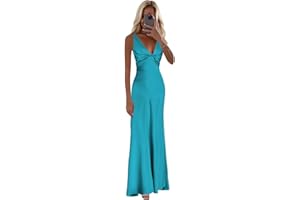 Vnaix Bridals Satin Prom Dresses for Women V-Neck Halter Long Formal Dress Evening Gowns