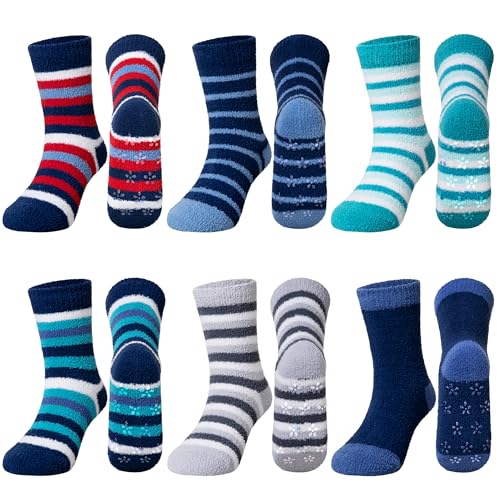 Kids Fuzzy Slipper Grip Socks Boys Girls Non Slip Winter Thick Fluffy Warm Soft Plush Thermal Crew Socks 6 Pairs