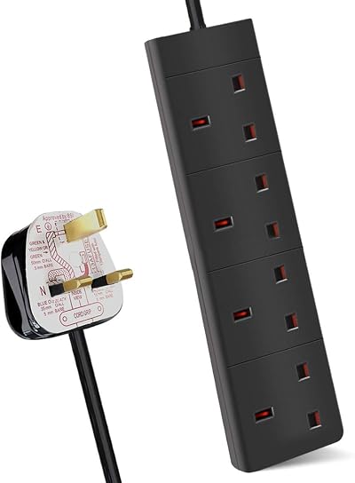 EXTRASTAR 4 Way Extension Lead 13A UK Plug 2M Power Strip Black