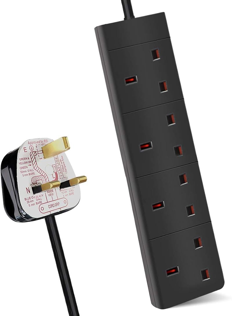 EXTRASTAR 4 Way Extension Lead 13A UK Plug 1M Black Power Strip