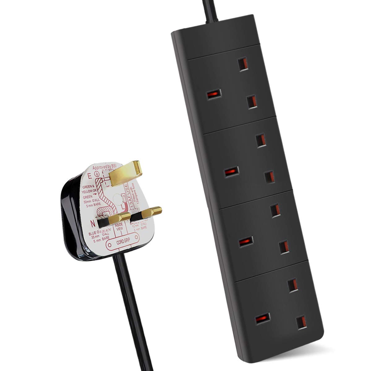 ExtraStar 4 Way Extension Lead, 13A Fused UK Plug Extension Socket, 5M Extension Cable Power Strip - Black
