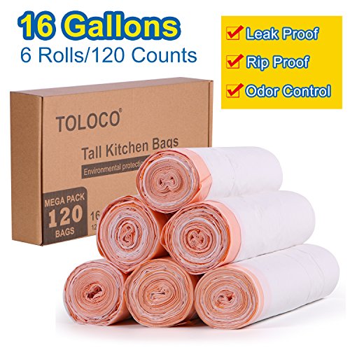 Trash Bags,TOLOCO Ultra Strong Garbage Bags,Tall Kitchen Drawstring Trash Can Bags,16 Gallon,Fresh Clean,120 Count,Ultra Strong Unscented Multipurpose Garbage Bags for Kitchen Trash Can/Bin