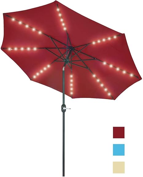 Amazon Com Patio Watcher 9 Feet Solar Umbrella 40 Led Lighted Patio Umbrella Outdoor Umbrella Market Table Umbrella With Push Button Tilt And Crank 8 Steel Ribs Red Garden Outdoor
