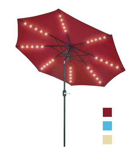 Patio Watcher 9 Feet Solar Umbrella 40 Led Lighted Patio Umbrella Outdoor Umbrella Market Table Umbrella With Push Button Tilt And Crank 8 Steel Ribs Red Amazon In Garden Outdoors