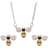 KOEDLN 2pcs Bee Earrings and Necklace Set 925 Silver Pin Enamel Crystal Sweet Insect Jewelry Set for Women Gifts