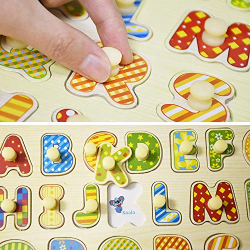 Kids Wooden Alphabet ABC, Numbers 123 and Shapes Learning Puzzles Board, 3 Puzzle Set Preschool Educational Peg Puzzles Montessori Toy for 1 2 3 Year Olds Toddlers Baby Girls Boys