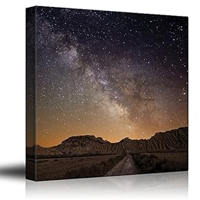 Road Leading to The Mountains with a Starry Galaxy Behind Them - Canvas Art Home Art - 12x12 inches