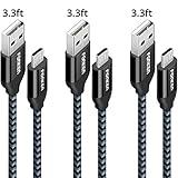 Micro USB Cable, FONKEN Android Charger Nylon Braided Quick Charge Cable [3-Pack,3.3FT] Fast Sync & Charging Cable Smartphone Charge Cable Compatible Samsung, Nexus, LG, Motorola, Sony, Kindle (Black)