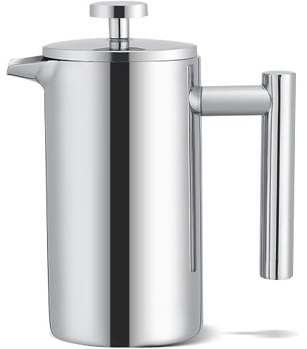 Misichao Petite cafetière à piston 2 tasses, cafetière isotherme en acier inoxydable avec système de filtration à 3 niveaux, 3 filtres supplémentaires, 350 ml, argenté